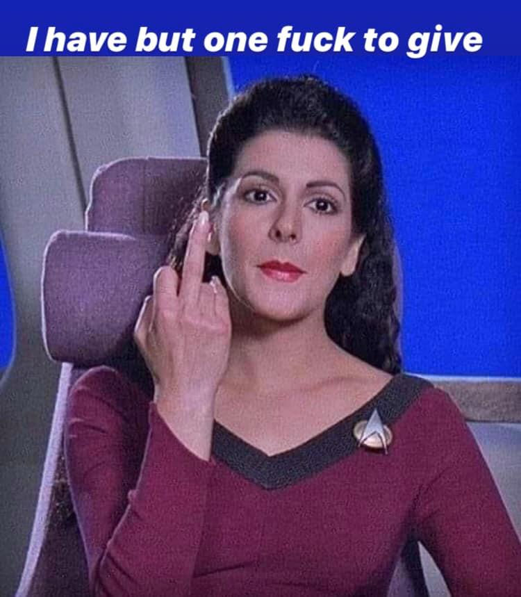 This meme features a photo of Deanna Troi, a character from the Star Trek: The Next Generation TV show, making a humorous gesture. The image shows her giving a "middle finger" with her hand, while also using her other hand to make a "V" shape with her fingers, implying "I love you" in sign language. The text above the image reads "I have nothing, but this is the best I can do".